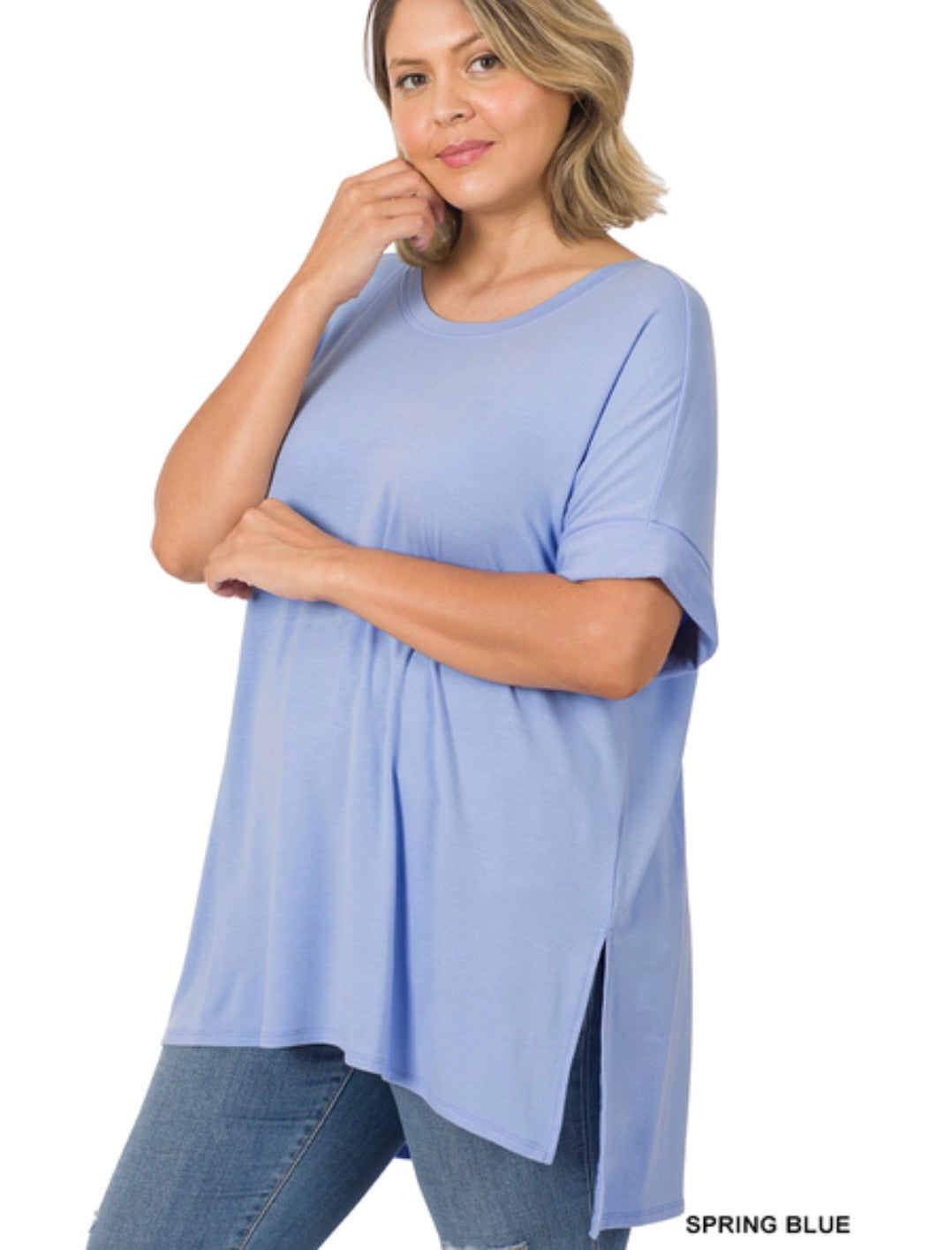 Spring Blue Rolled Sleeve Side Slit High Low Shirt