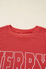 Fiery Red Twisted Rib Outlined Merry Letter Graphic Loose Long Sleeve Top