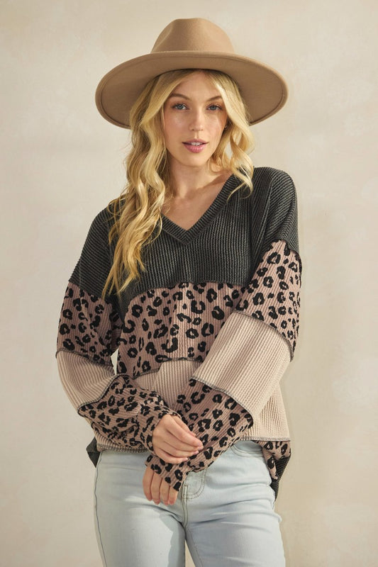 Heimish Oatmeal Leopard Color-block Long Sleeve Top