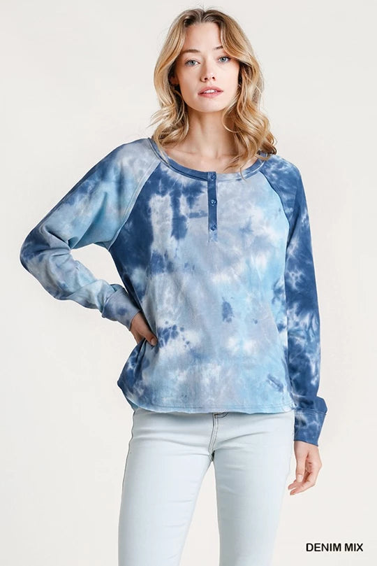 Blue Tye Dye Mix Button Raglan Long Sleeve With Raw Hem