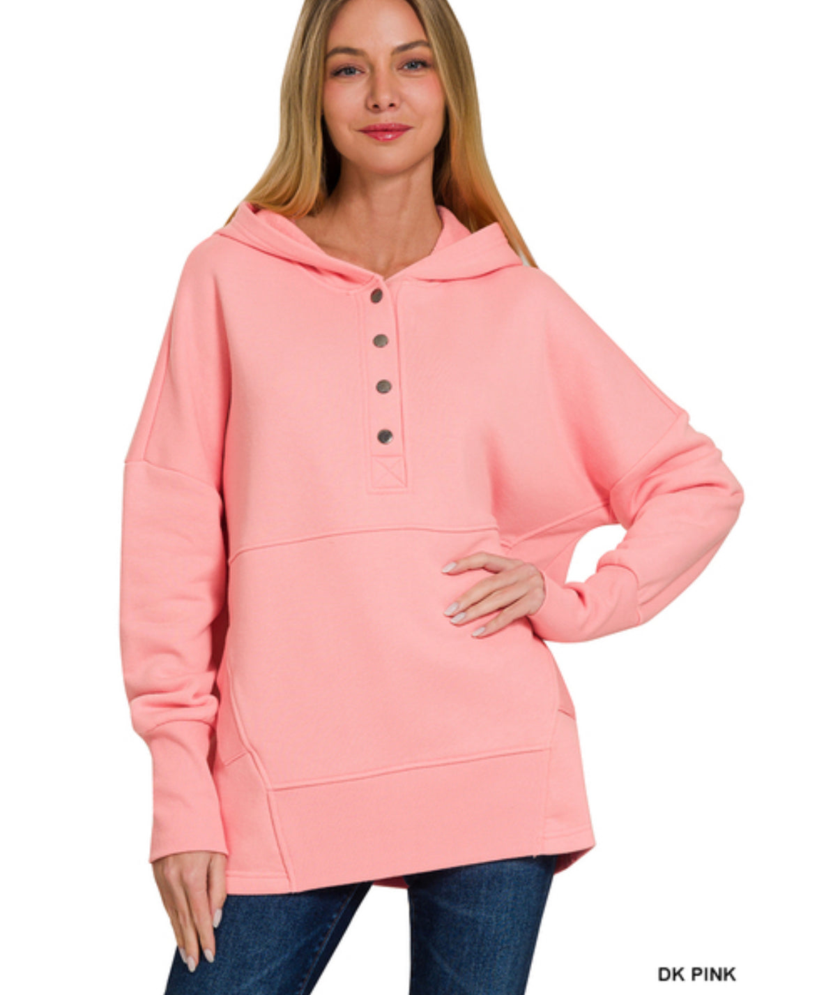 Dk Pink Half Button Fleece Hooded Pullover