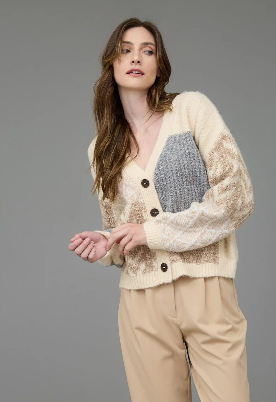 Cream Patchwork Cableknit Cardigan