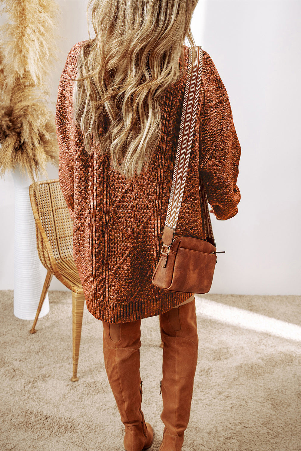 Oatmeal Cable Knit Drop Shoulder Loose Fit Sweater Dress