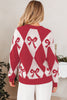 Red Bow Print 2-tone Rhombus Knit Loose Sweater