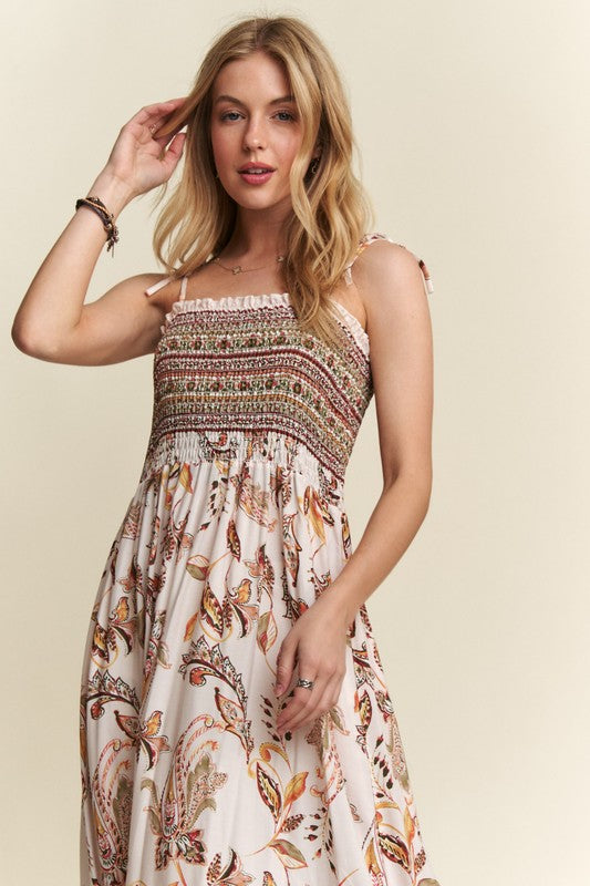 ADORA Smocked Printed Square Neck Tie Shoulder Cami Dress