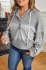 Gray Mixed Pattern Waffle Knit Patchwork Half Buttons Plus Hooded Top