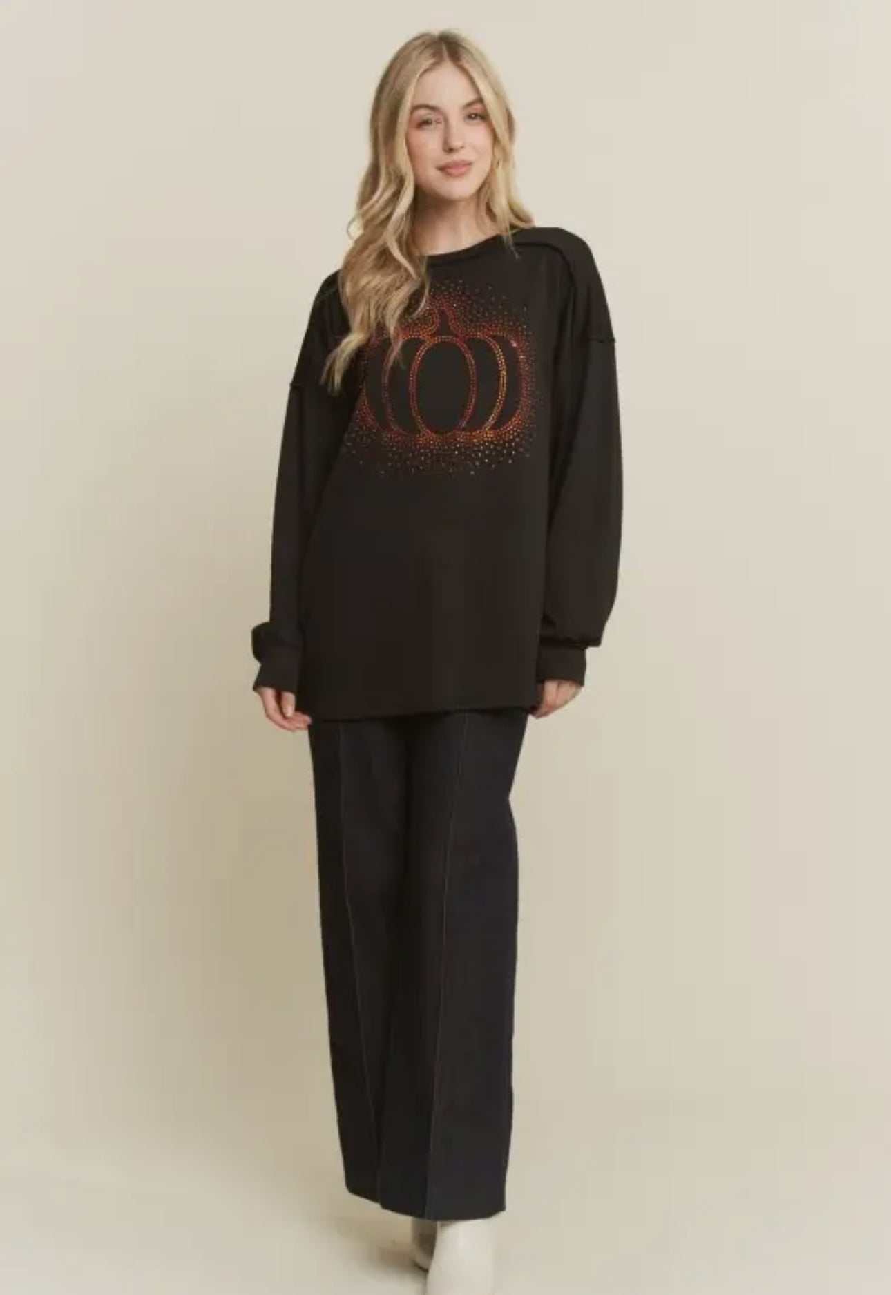 Heimish Halloween Rhinestone Pumpkin Long Sleeve Top