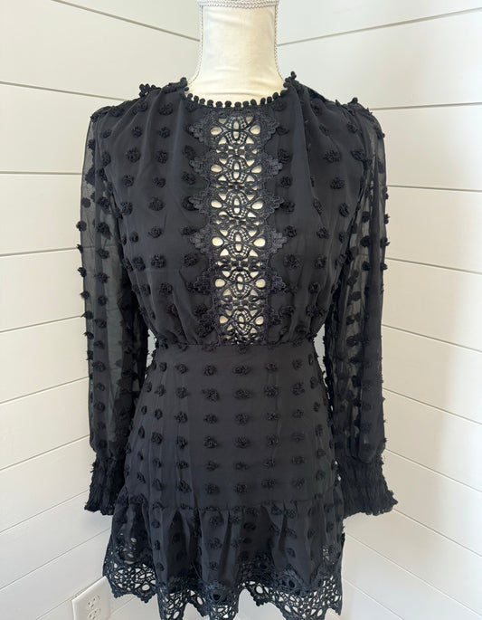 Black Swiss Dot Mini Dress With Eyelet Trim Details