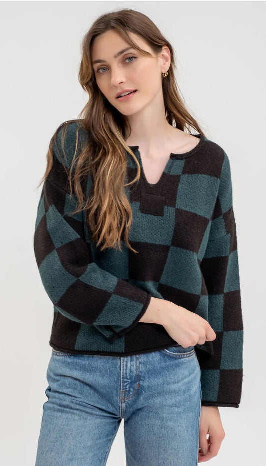 Hunter-Green Checkered Knit Sweater