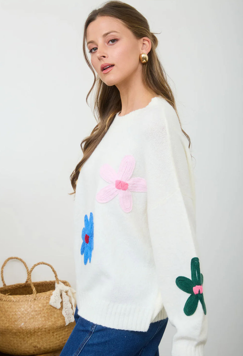 White Knit Sweater With Multi-colored Crochet Flowers