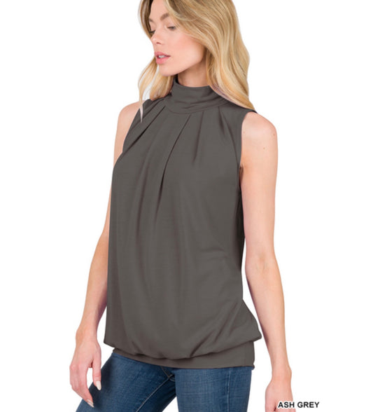 Ash Grey High Neck Pleated Top