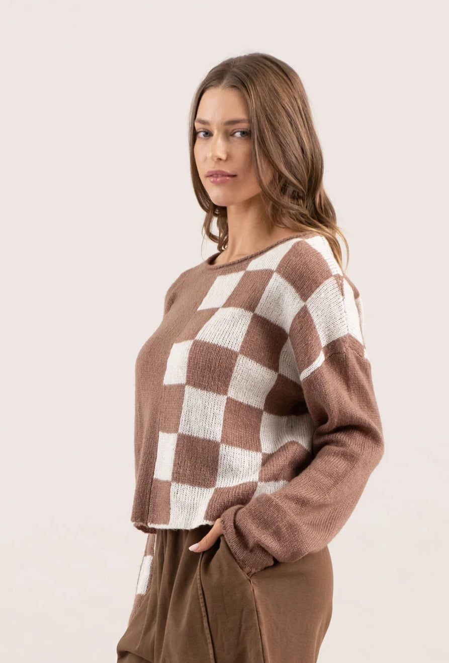 Mocha Colorblock Checkered Knit Sweater