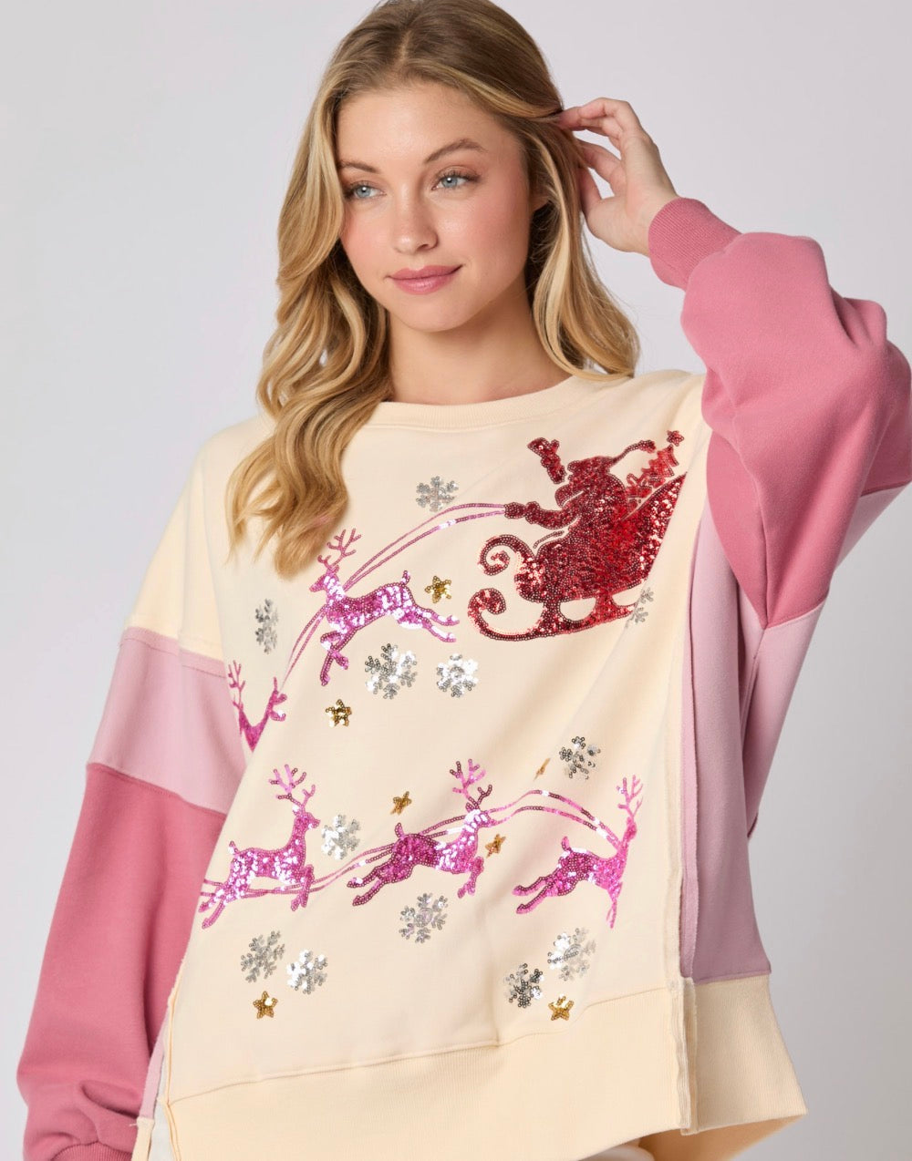 Christmas Sequins Embroidery Color Block Fleece Sweatshirt