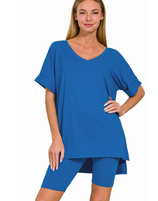Zenana Classic Blue V-neck Top And Biker Short Set