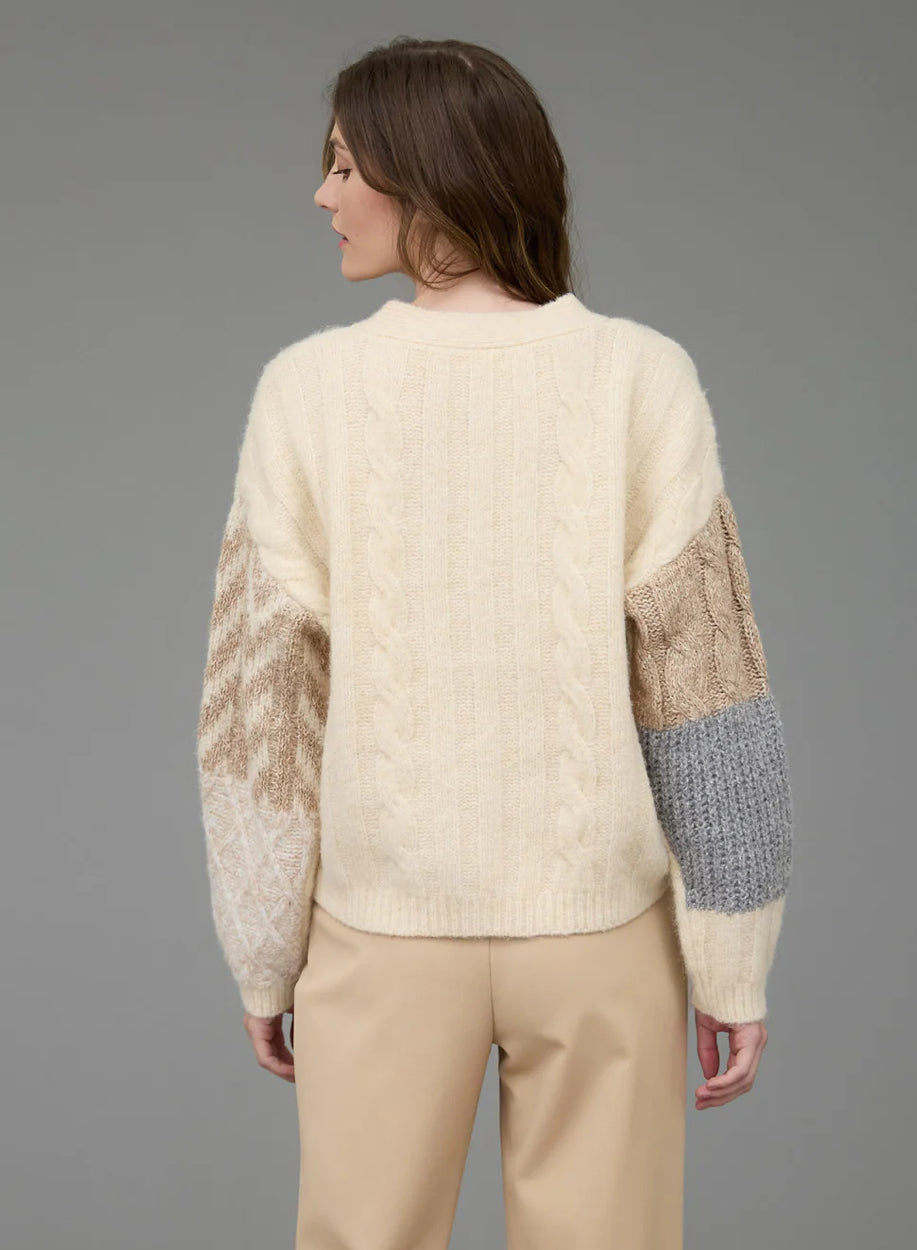 Cream Patchwork Cableknit Cardigan