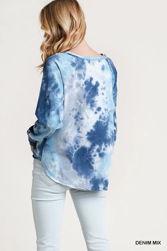 Blue Tye Dye Mix Button Raglan Long Sleeve With Raw Hem