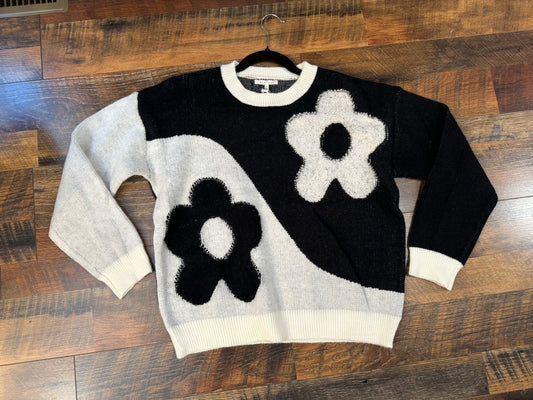 Black and White Flower Colorblock Sweater