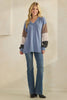 Heimish Blue Ribbed V-neck Color-block Long Sleeve Top