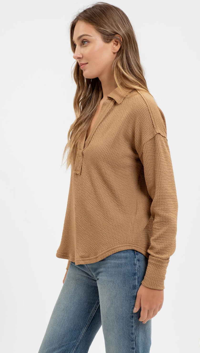 Almond Split Neck Long Sleeve