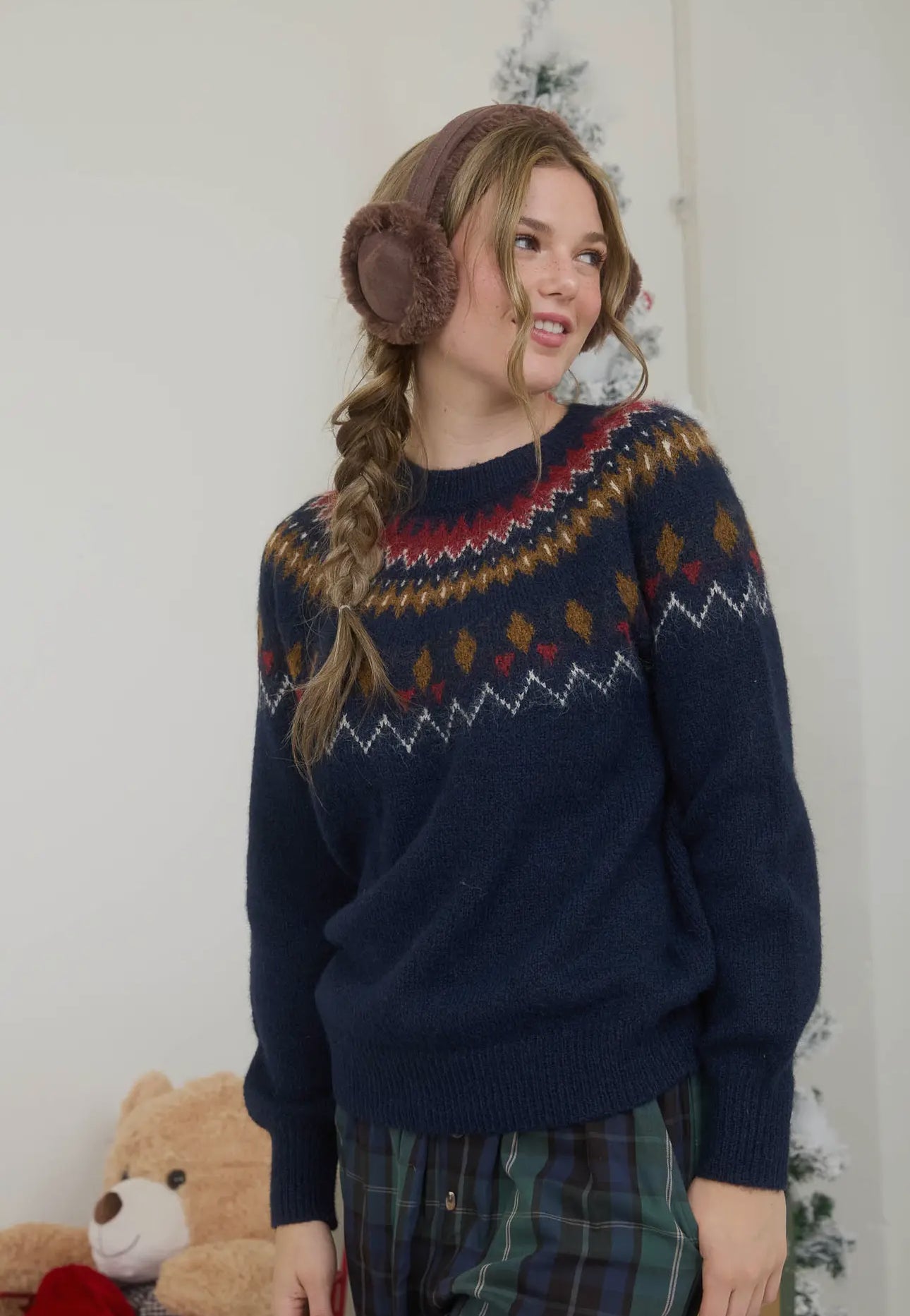 Navy Fair Isle Crew Neck Knit Sweater