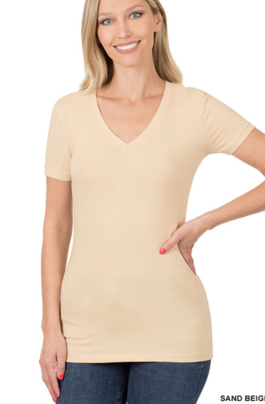 Sand Beige  Cotton V-neck Short Sleeve