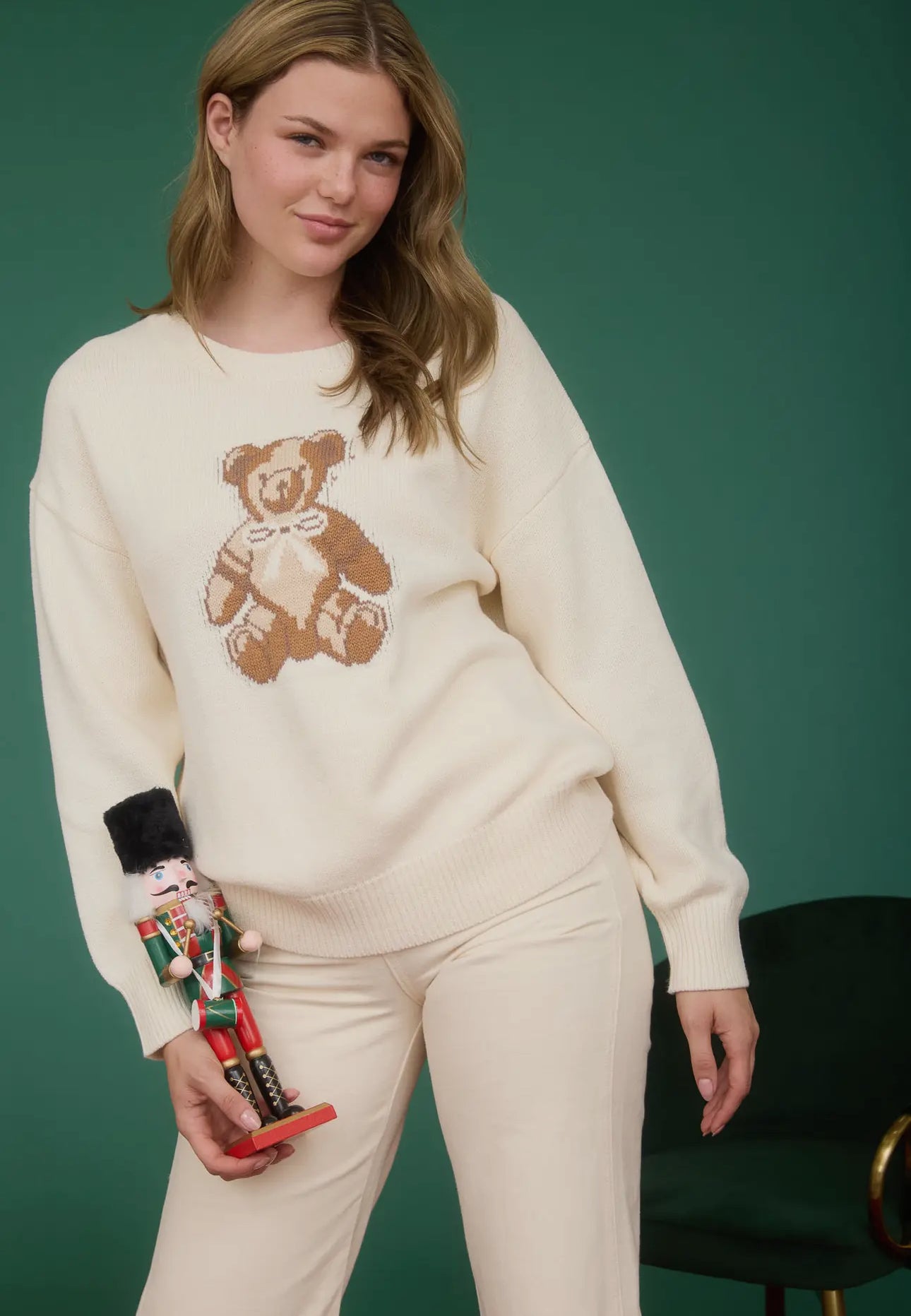 Teddy Jacquard Crew Neck Knit Pullover Sweater