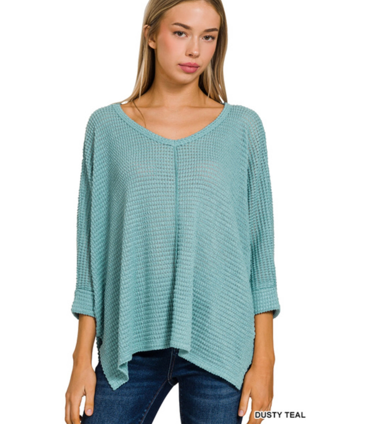 Dusty Teal V-Neck High Low Jacquard Sweater