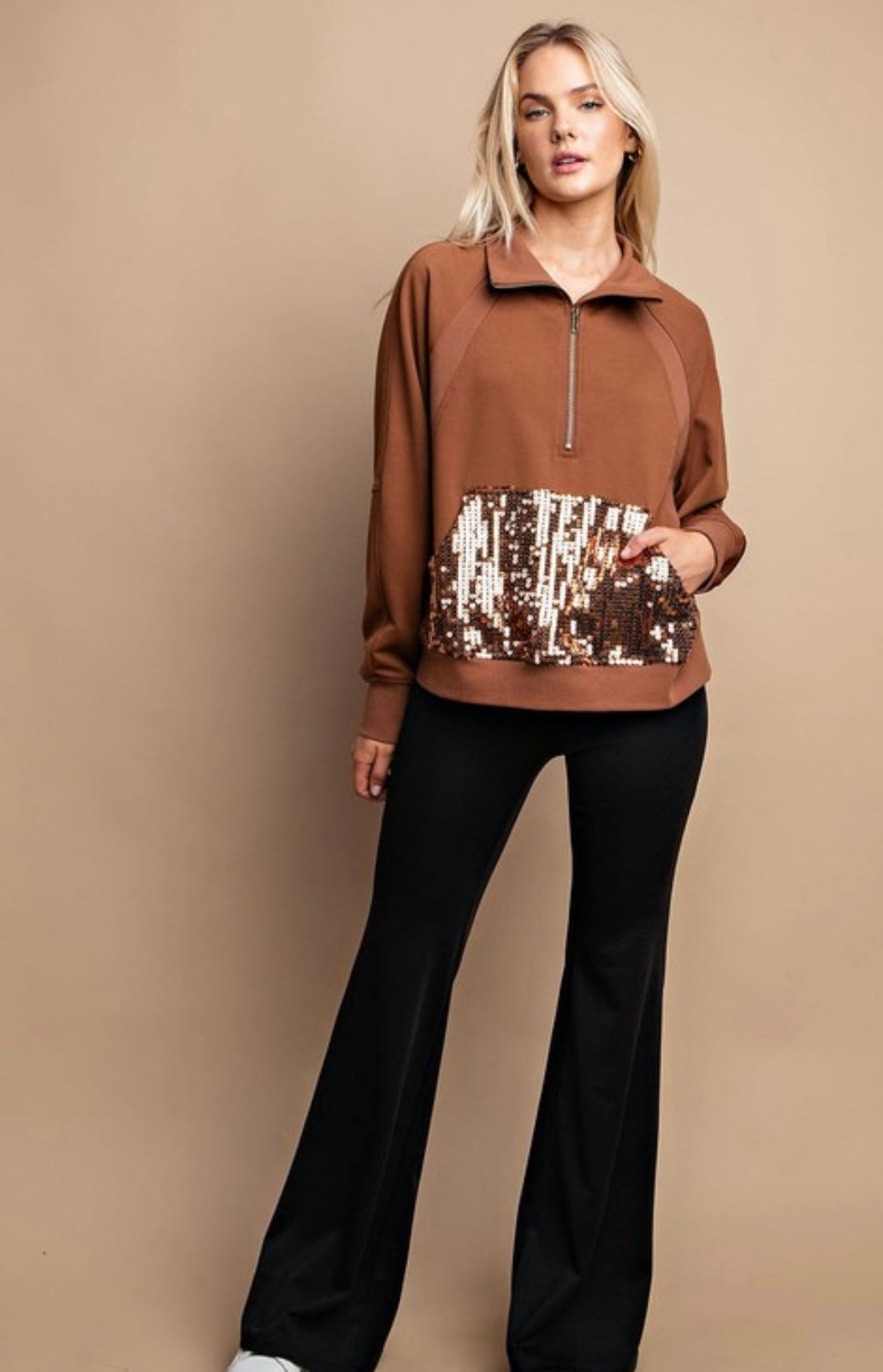 Sequined Pocket Mock-Neck Half Zip Sweatshirt - Grace Ann Faith Boutique - Official Online Boutique 