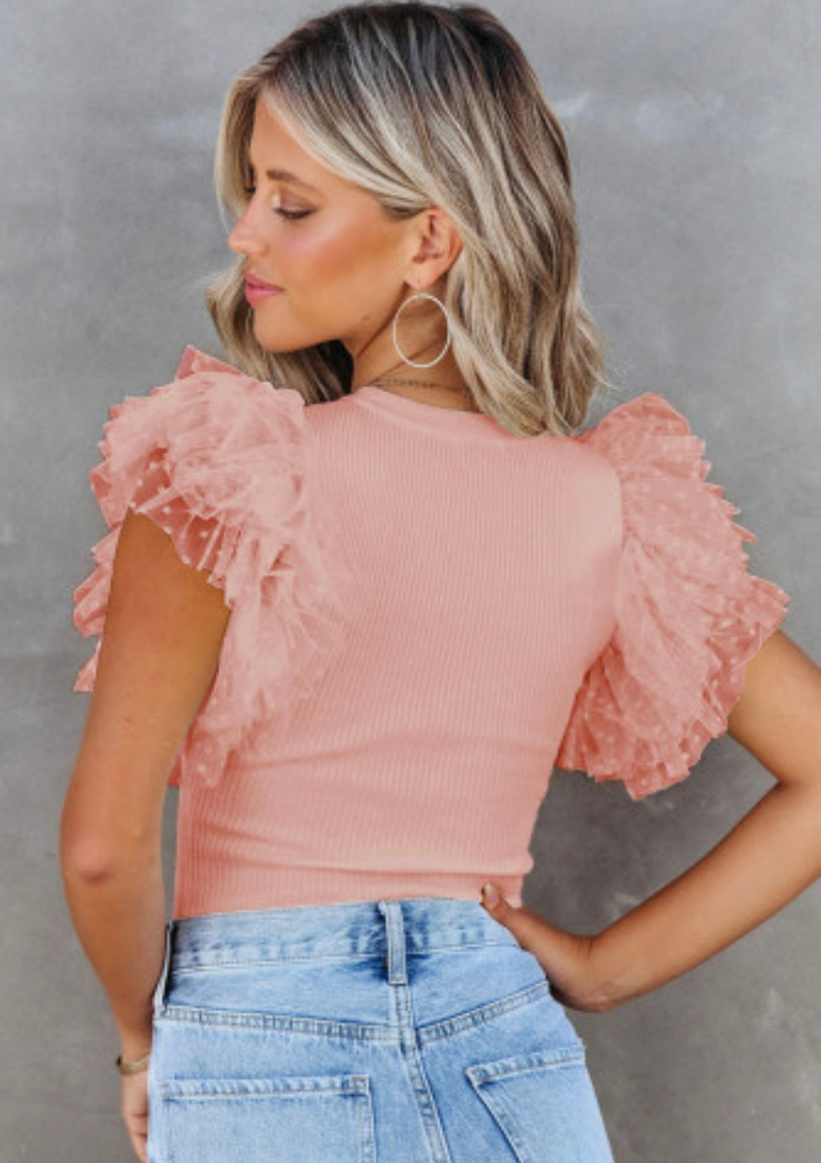 Pink Dotty Mesh Ruffle Sleeve Ribbed Knit Top - Grace Ann Faith Boutique - Official Online Boutique 