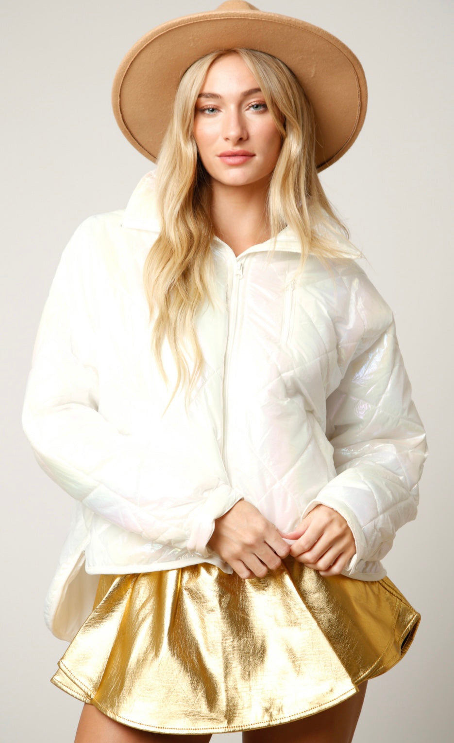 Peach Love Diamond Quilting Shiny Padded Jacket W/Pocket