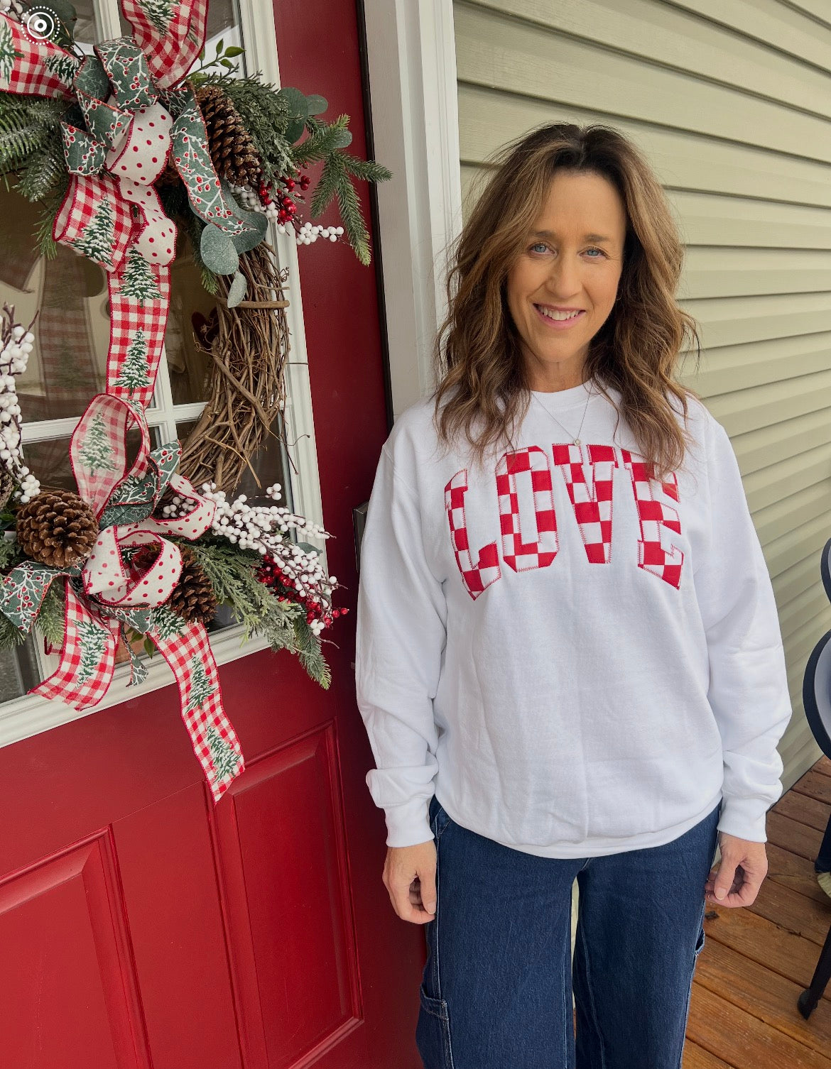 Red Checkered Embroidered Love Sweatshirt