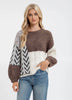 BROWN MULTICOLORED COLORBLOCK CHEVRON CABLE KNIT SWEATER