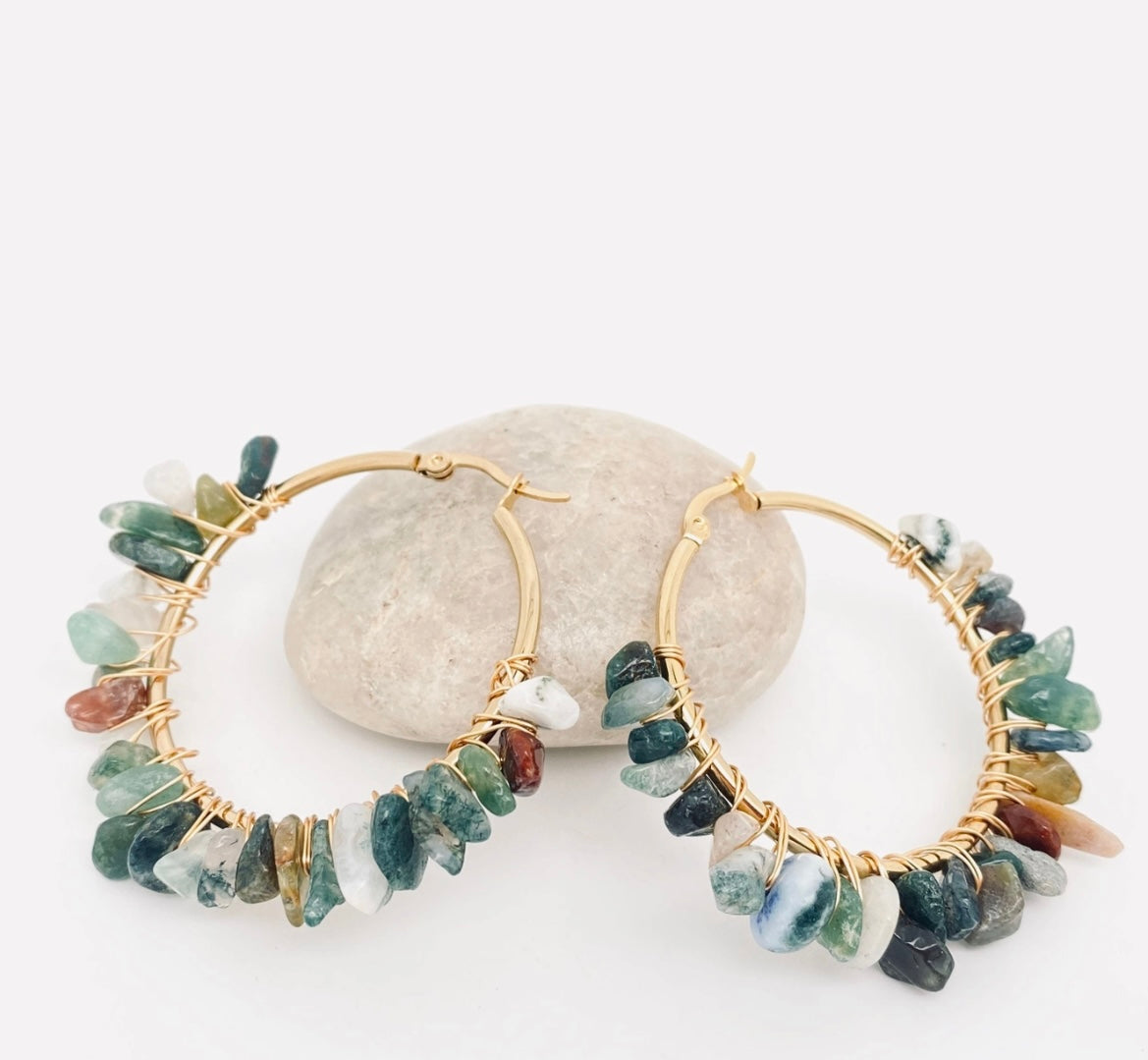 Stainless Steel Hand-Wound Natural Gravel Hoop Earrings-Green Flower Stone - Grace Ann Faith Boutique - Official Online Boutique 