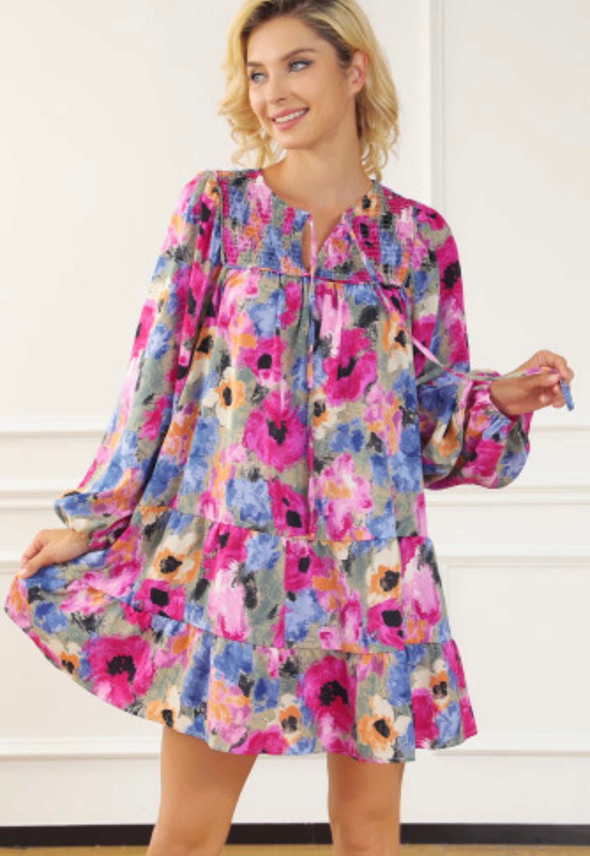 Floral Tie Neck Bubble Sleeve Dress - Grace Ann Faith Boutique - Official Online Boutique 