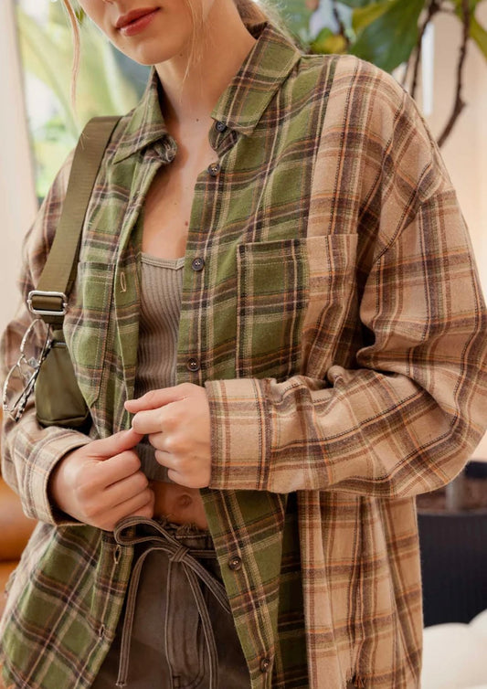 COLORBLOCK PLAID COLLARED BUTTON DOWN SHIRT