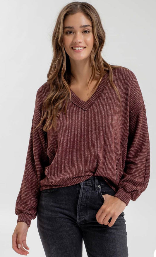Oxblood Striped V-Neck Top