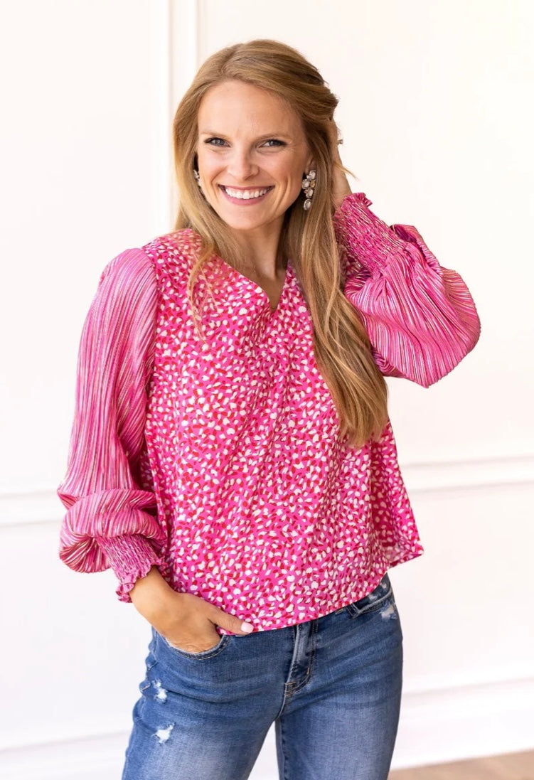 GLAMOUR GAZE PINK TOP WITH SHIMMER SLEEVES - Grace Ann Faith Boutique - Official Online Boutique 