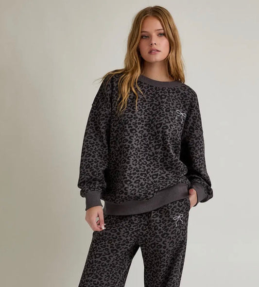 Charcoal Black Animal Print Crew Neck Washed Sweatshirt