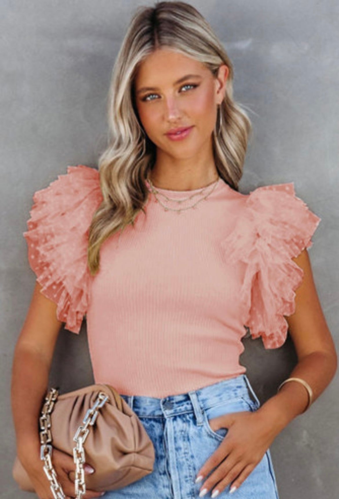 Pink Dotty Mesh Ruffle Sleeve Ribbed Knit Top - Grace Ann Faith Boutique - Official Online Boutique 