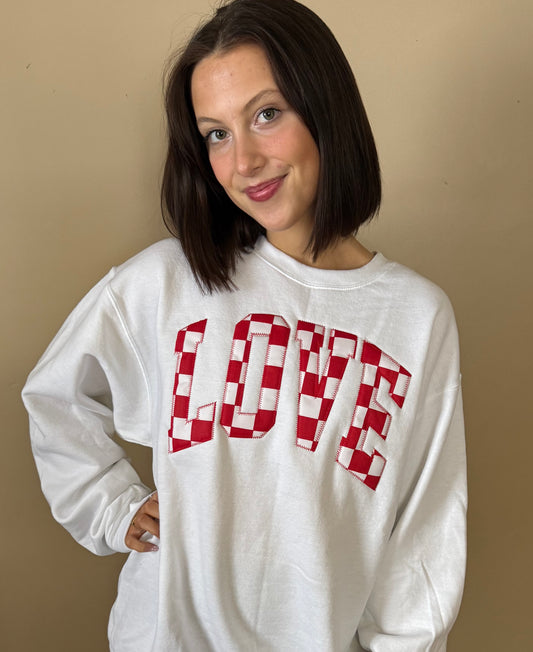 Red Checkered Embroidered Love Sweatshirt