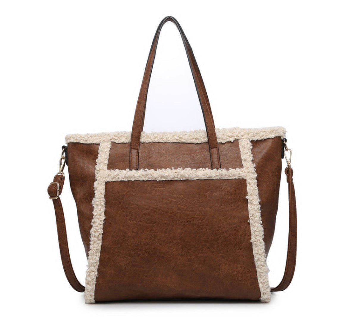 JEN & CO. Dark Brown Lulu Sherpa Trim Tote w/ Front Pocket