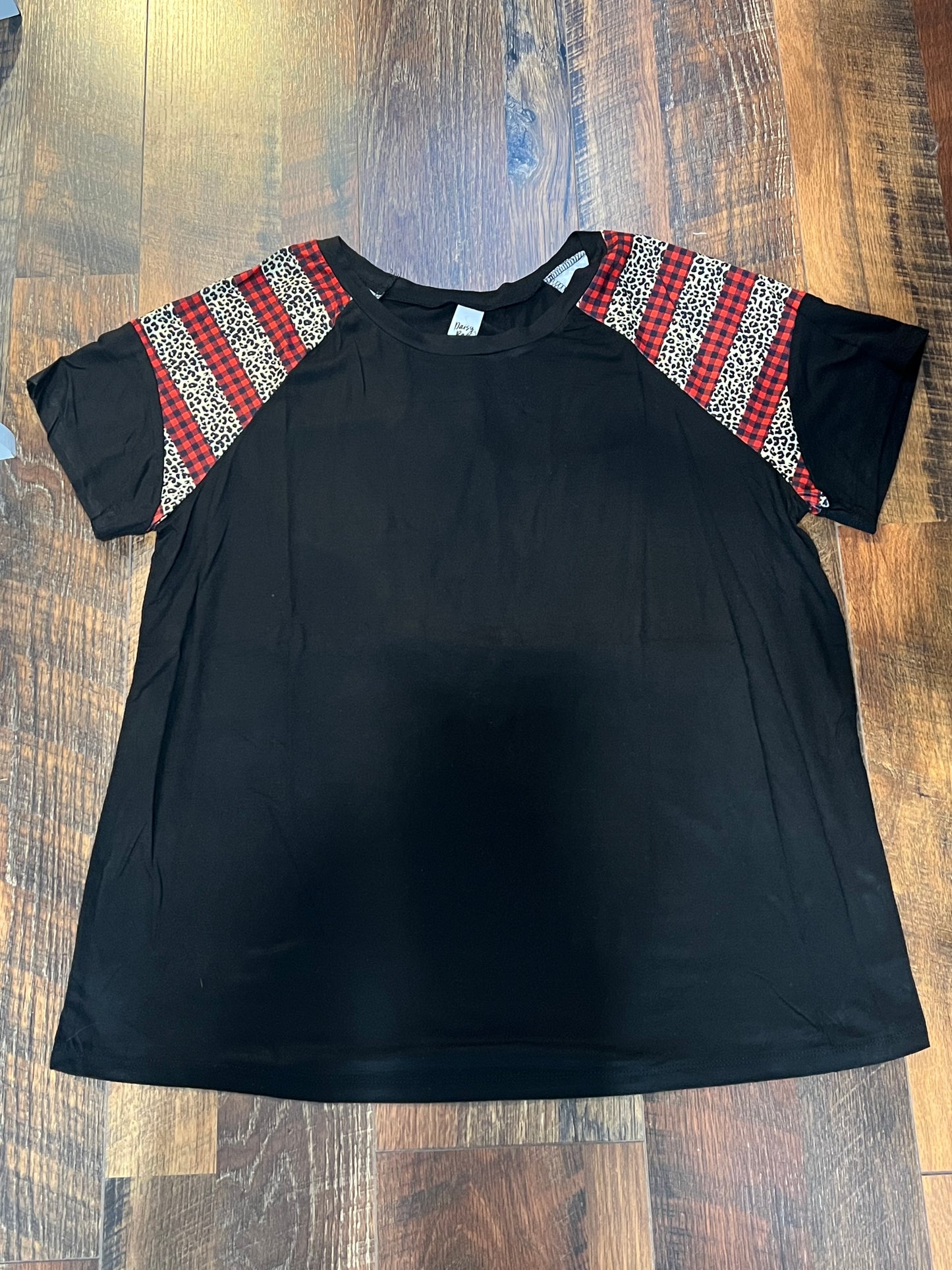 You Can’t Sleeve Me Alone Black Short Sleeve T- Shirt With Leopard & Red Checkers - Grace Ann Faith Boutique - Official Online Boutique 