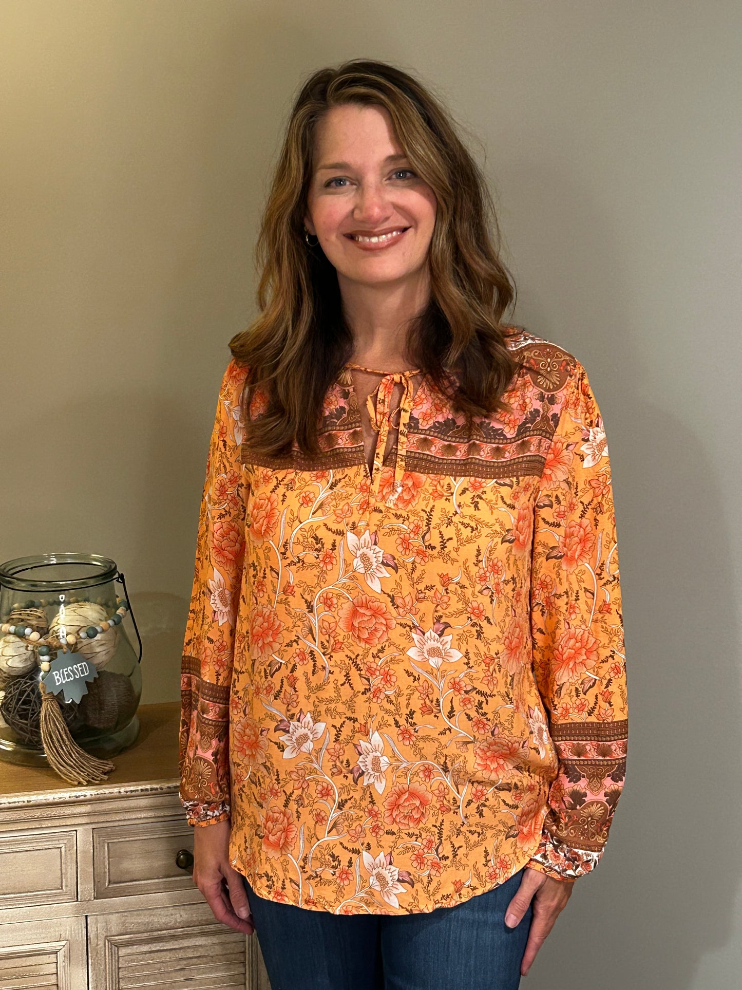 Orange Floral Print Long Sleeve Blouse - Grace Ann Faith Boutique - Official Online Boutique 