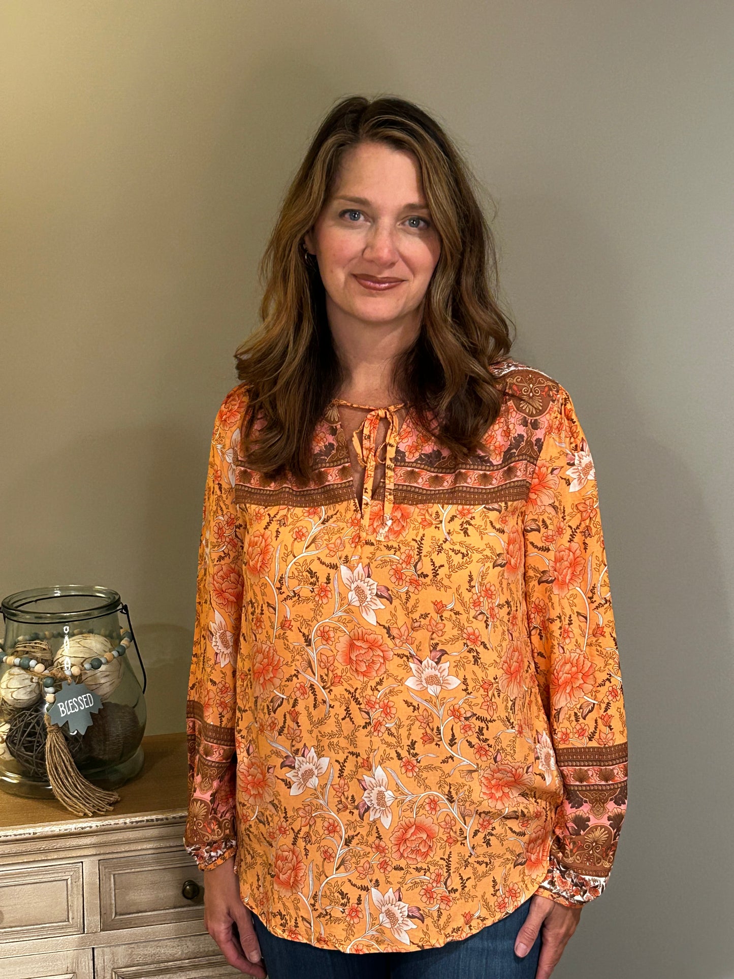 Orange Floral Print Long Sleeve Blouse - Grace Ann Faith Boutique - Official Online Boutique 