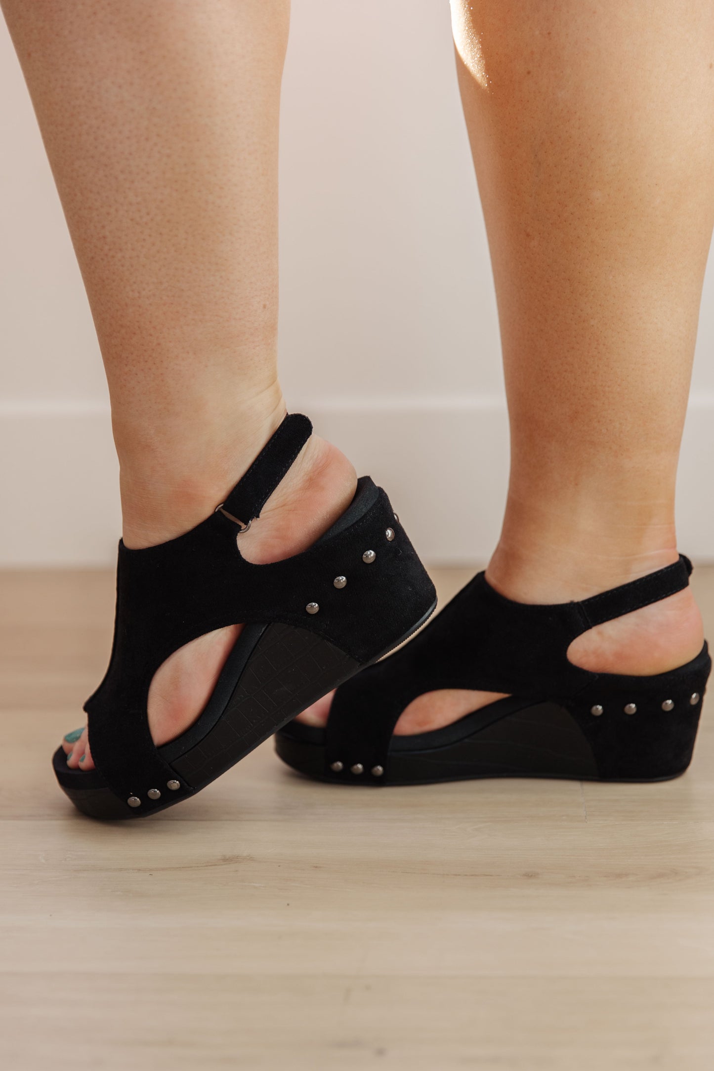 Corky’s Walk This Way Wedge Sandals in Black Suede