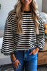 Black Striped Print Drop Shoulder Lace Trim Bracelet Sleeve Loose Top