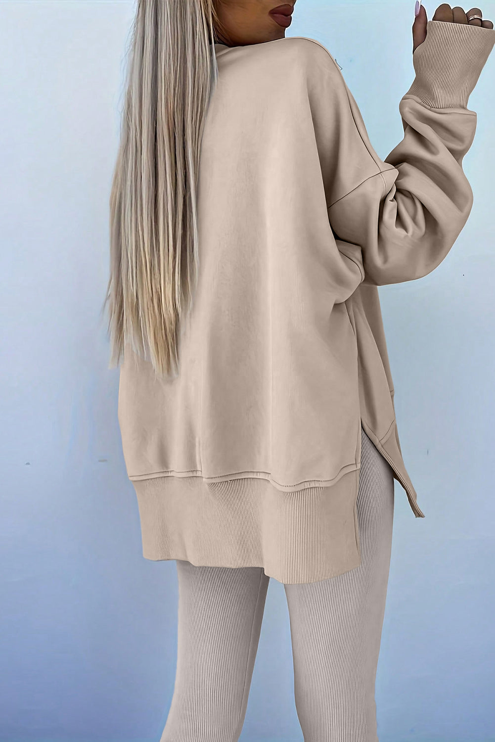 Orchid Mist Solid Color Oversize Slit Sweatshirt Ribbed Leggings 2pcs Set