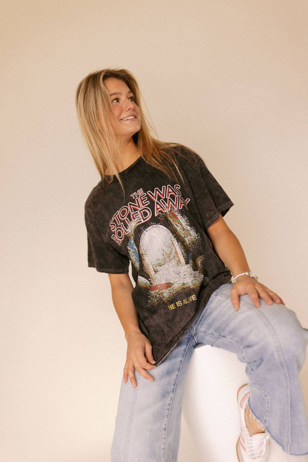 Acid Wash Graphic Tee " The Stone Was Rolled Away"
