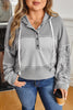 Gray Mixed Pattern Waffle Knit Patchwork Half Buttons Plus Hooded Top