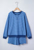 Blue Stripe Drop Shoulder Long Sleeve Pullover Elastic Waist Casual Short Set